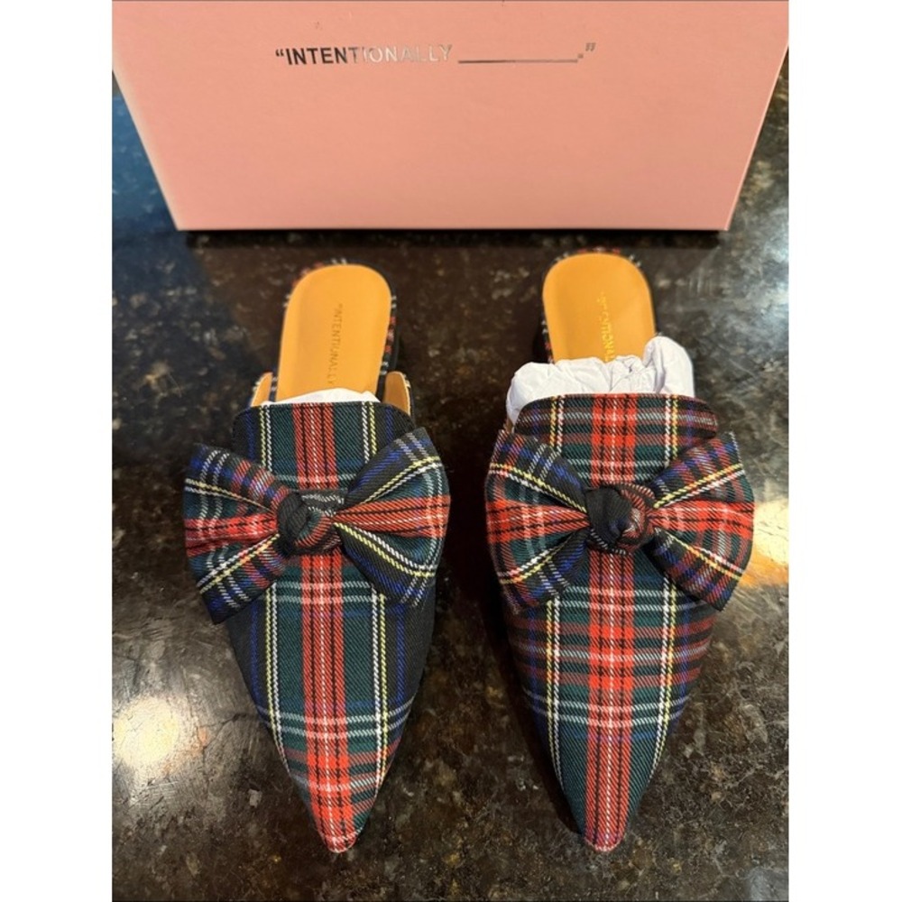 Intentionally Blank Picadeli Plaid Bow Mules Tartan Textile Slides Size 6